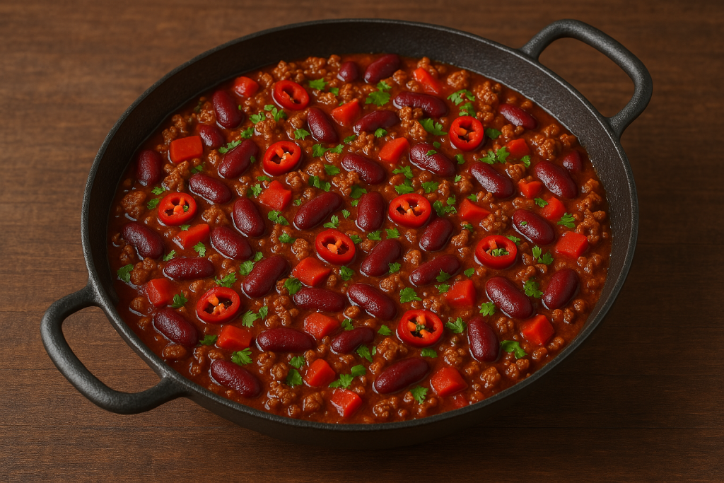 Chili con carne avec haricots rouges, bœuf haché, poivrons rouges et piments, servi dans une poêle en fonte.
